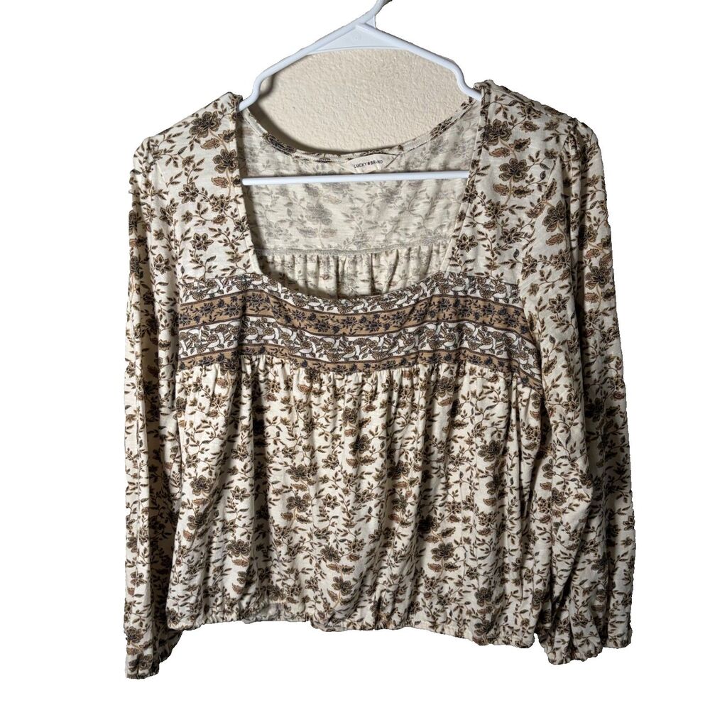 Lucky Brand Blouse Women's Medium Square Neck Brown Boho Casual Shirt Top